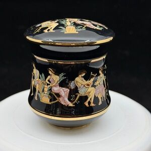 Vintage Black and Gold Andros solid perfume Jar with Greek Motifs